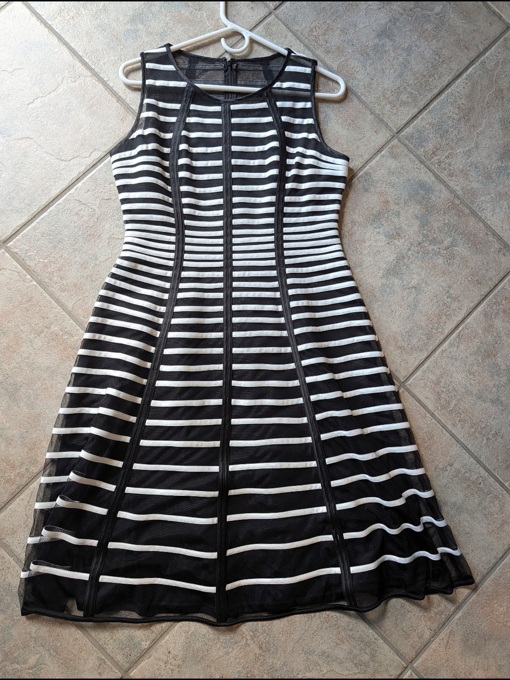 Brian Bailey Black & White Striped Mesh Fit & Flare Dress - Size 10